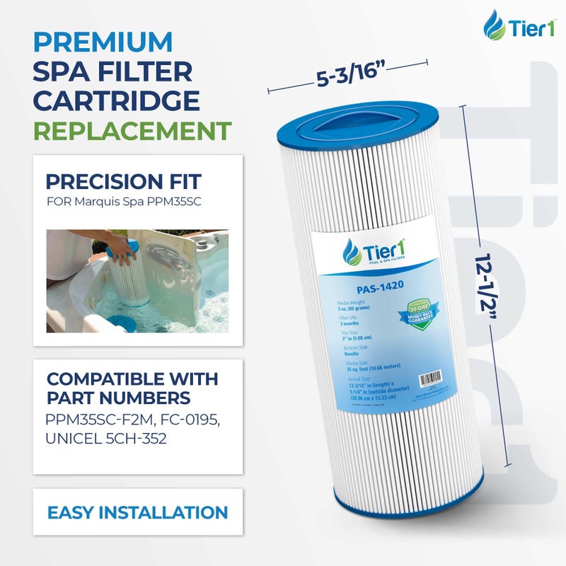 Tier1 Spa Filter Cartridge Replacement for Marquis Spa PPM35SC | Compatible with PPM35SC-F2M, FC-0195, Unicel 5CH-352 | 12-1/2" x 5-3/16" | Trilobal Fabric | Washable & Reusable | High Flow - Image 2